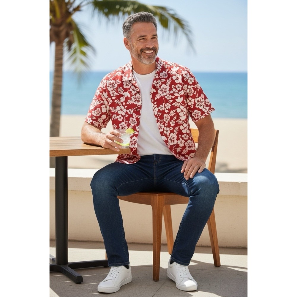 George Red Hibiscus Hawaiian Camp Shirt Men's 3XL NWT‎ Tropical